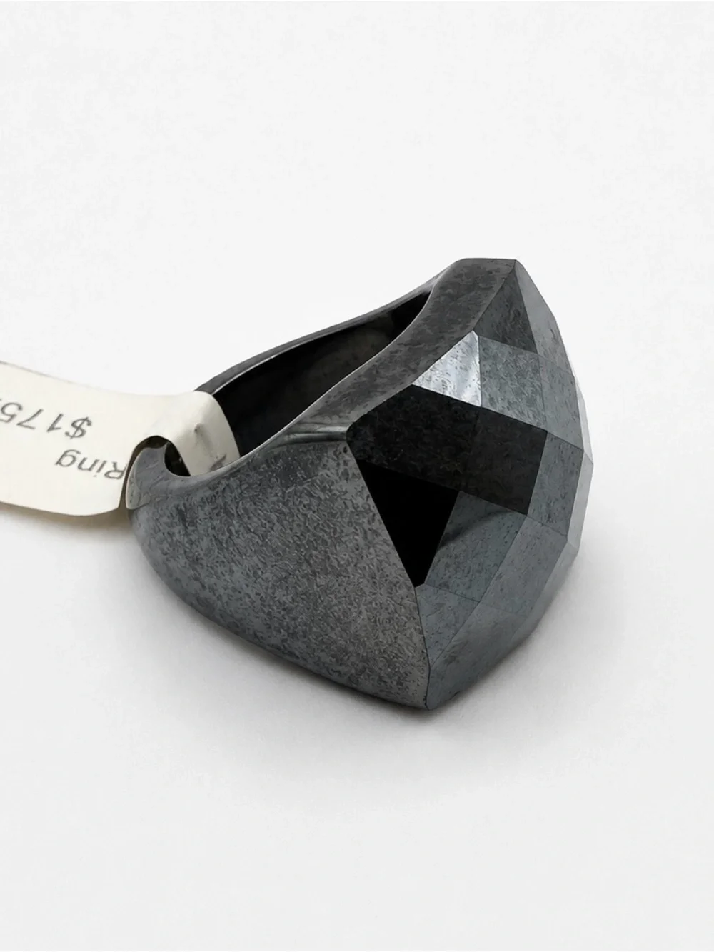 Hematite Faceted Ring Statement 8 Cocktail Checkerboard Natural 21g Large Carved